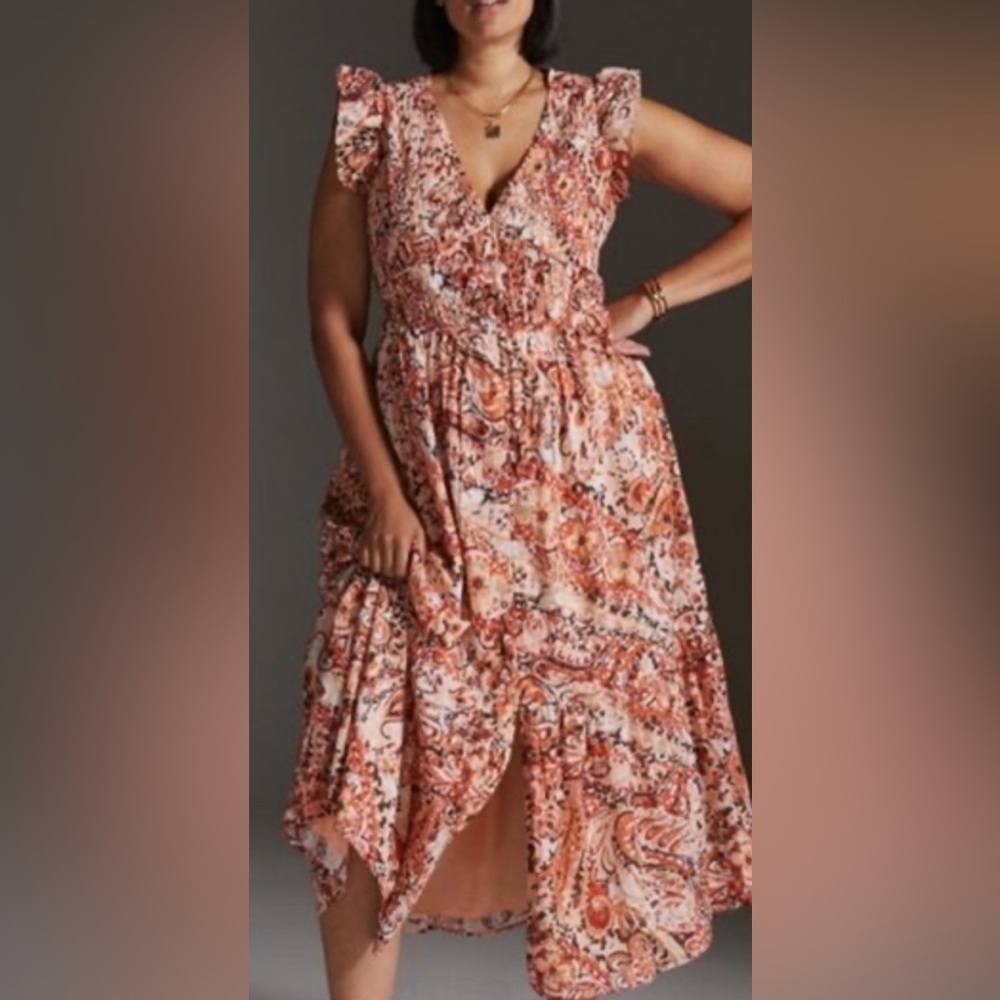 Anthropologie The Peregrine Midi Dress, beautiful warm palette bronze, reds, xl